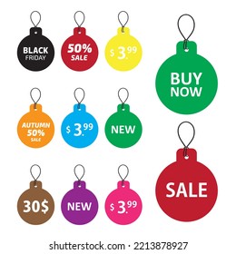 Set of colored tags -  Black Friday, sale new, buy now. Vector illustration for Promotion, Sale,  Discounts.  Christmas ball isolated on white background. 