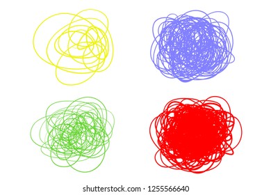 Set of colored tangle elements on isolated background. Collection of tangled shapes on white. Hand drawn abstract sketches