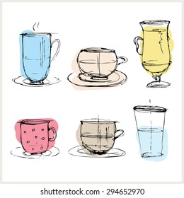 set of colored tea and coffee mugs. sketch on a white background . vector doodles