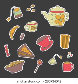 Set of colored tea items isolated on black background, vector stickers.
