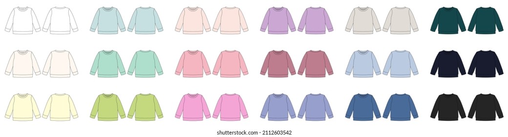 Set of colored technical sketch sweatshirt. Kids wear jumper design template collection. Front and back view. Different colors. Front and back view. CAD fashion design