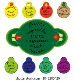 Set of colored templates with text - organic fruits and vegetables of white background. For the design of flyers, announcement, advertising of fresh organic products.