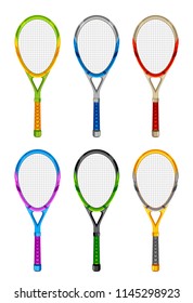 Set of colored tennis rackets on a white background