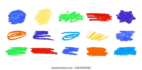 Set of colored texture stain hand drawn with oil pastels. Vector abstract graphic elements isolated on white background