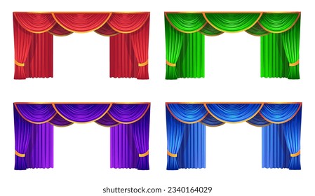 Set of colored theater curtains. Colored curtains with lambrequin. Vector.