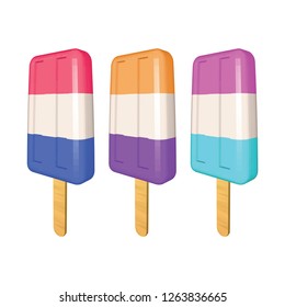 Set of Colored Three Striped Popsicles on White Background. Red Blue Orange and Purple Ice Creams on Wooden Sticks. Realistic Vector Illustration. 