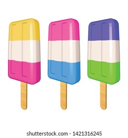 Set of Colored Three Striped Popsicles on White Background. Pink Blue Green and Yellow Ice Creams on Wooden Sticks. Low Poly Realistic Vector Illustration. 
