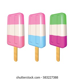 Set of Colored Three Striped Popsicles on White. Strawberry Mint Kiwi and Cherry Flavored Ice Creams on Wooden Sticks. Low Poly Realistic Vector Illustration. 