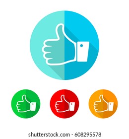 Set of colored thumb up icons. White thumb up with long shadow. Vector illustration. Thumb up sign on a the round button.