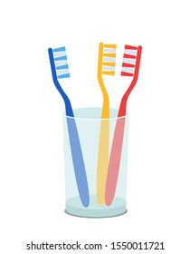 Set of colored toothbrushes in a glass. family oral hygiene concept. flat vector illustration isolated on white background