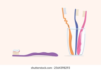 A set of colored toothbrushes with paste and in a glass. Brushes of different shapes for brushing teeth. Oral hygiene. Vector illustration