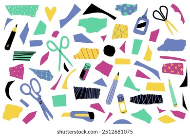 Set of colored torn and cut paper pieces and collage supplies: scissors, glue, pencil. Geometric shapes. Trendy design collection for contemporary digital scrapbooking. Vector flat  isolated elements