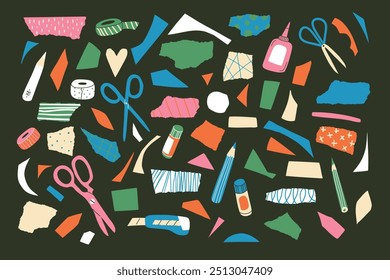 Set of colored torn and cut paper pieces, collage supplies: scissors, glue, pencil. Geometric shapes. Trendy  collection for contemporary digital scrapbooking. Vector flat isolated on black elements