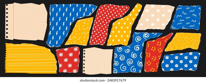Set of colored torn paper with funny pattern. Design elements for contemporary art collage. Vector illustration.