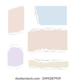 set of colored torn pieces of notepad paper. Torn diary sheets with uneven edges in stripes and in a cage. Torn paper for notes, stickers. Elements for scrapbooking.