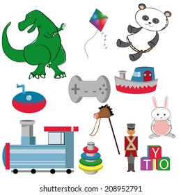 a set of colored toys on white background