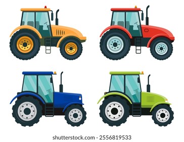 Set of colored tractors on a white background. Vector illustrations. Flat design