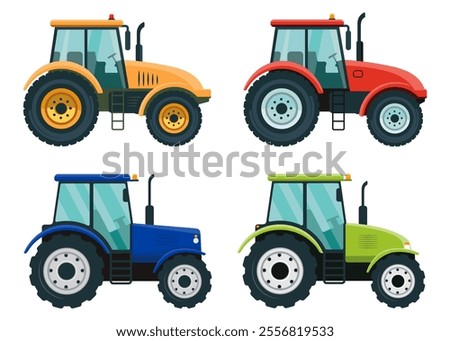 Set of colored tractors on a white background. Vector illustrations. Flat design