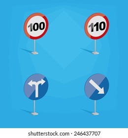 a set of colored traffic signals with different speed limits and icons