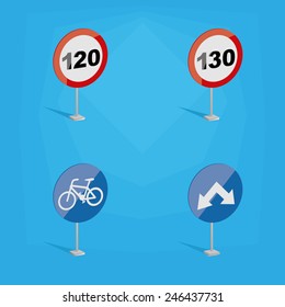 a set of colored traffic signals with different speed limits and icons