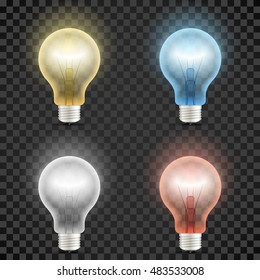 Set of colored transparent realistic glass light bulbs isolated on dark checkered background. Vector illustration