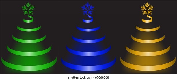 set of colored trees of brilliant bands on a black background