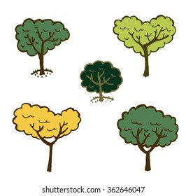 set of colored trees in different seasons Doodle Sketch vector illustration