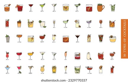 Set of colored tropical cocktail sketch icons Vector