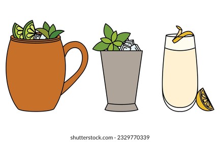 Set of colored tropical cocktail sketch icons Vector