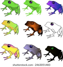 Un conjunto de ranas tropicales de colores en una pose sentada. Arte de rana de una manera realista. Ilustración vectorial de varios anfibios sin cola.