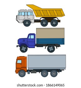 Vista lateral de camiones de colores. Estilo de caricatura. Ilustración del vector