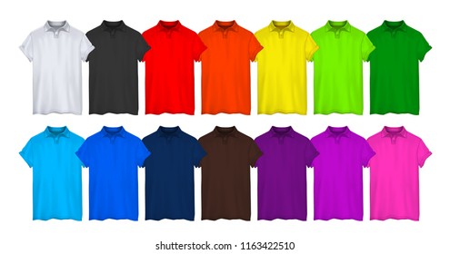 Set of colored t-shirt polo realistic mockup. Vector illustration.