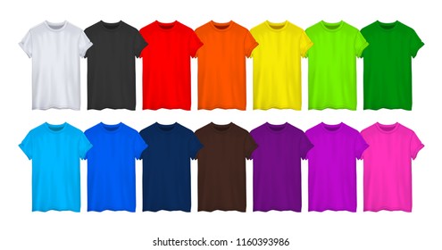 Set of colored t-shirt realistic mockup. Vector illustration.