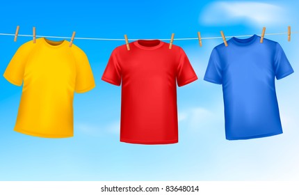 Set Of Colored T-shirts Hanging On A Clothesline On A Sunny Day. Vector Illustration