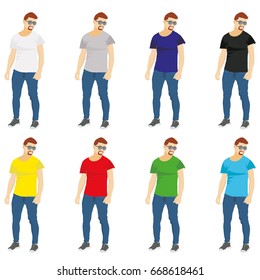 Set of colored t-shirts templates on the man. For promotional and advertising clothes. Vector illustration EPS10