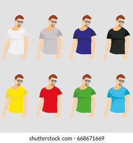 Set of colored t-shirts templates on the man. For promotional and advertising clothes. Vector illustration EPS10