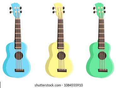 Set colored ukulele. Yellow, green, pigeon, orange, pink, blue colored instrument, decor with flowers. Music instrument. 
Rest, hawaii, 	
melody. Modern vector flat image isolated on white background.