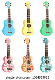 Set colored ukulele. Yellow, green, pigeon, orange, pink, blue colored instrument, decor with flowers. Music instrument. 
Rest, hawaii, 	
melody. Modern vector flat image isolated on white background.