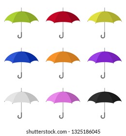 Set of Colored Umbrella Icons isolated on white background. Flat Style. Vector illustration for Your Design.