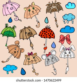 Set of colored umbrellas animals.  Children's objects vector illustration, doodle