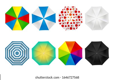 Set colored umbrellas, top view on a white background. Vector.