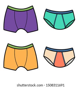 Set of colored underpants. For men, women, children. Cartoon style. Vector