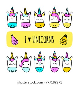 Set of colored unicorn icons isolated on white background. Vector illustration