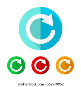 Set of colored update icons. White update icon with long shadow. Vector illustration. Update sign on a the round button.