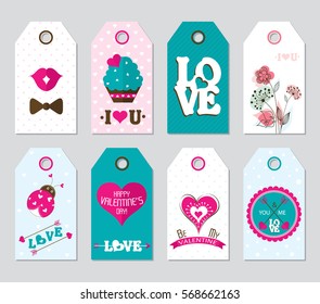 Set colored Valentine's Day printable tags collection. Vector templates with lettering.Design set creative cards, posters, label, banner.