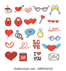 Set of colored Valentines icons isolated on white background, illustration.