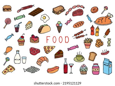 Set of colored various food and drinks in doodle style. Hand Drawn. Freehand drawing. Sketch. Outline.	