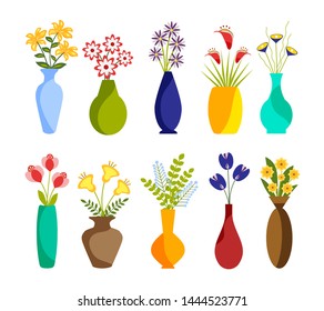 Set of colored various forms of vases with flowers .For interior decor of home or office,Isolated on white background.Vector icon collection.
