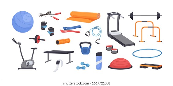 Set of colored various gym equipment vector graphic illustration. Collection of sport training apparatus, dumbbells, jump rope, aerobic ball, mat isolated on white background - Shutterstock ID 1667721058