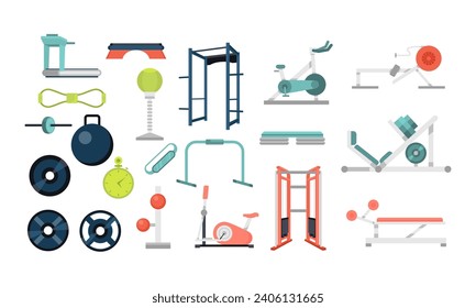 Set of colored various gym equipment vector graphic illustration. Collection of sport training apparatus, dumbbells, jump rope, aerobic ball, mat isolated on white background